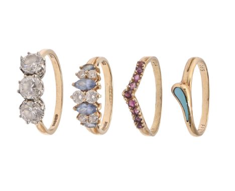 Four gold rings, variously gem set, in 15ct gold or gold marked 585, 9.5g, size M, O, R  Good condition
