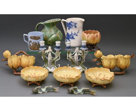 A pair of twin yellow decorated porcelain lily rustic majolica wall hanging vases made for Wittman &amp; Roth, c1887, 22cm l,