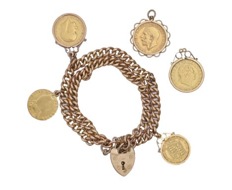 Gold coins. A 9ct gold bracelet adapted from an albert, with 9ct gold padlock, the three attached and two detached mounted go