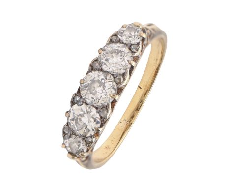 A diamond ring, with five old cut diamonds, in gold, 4g, size P  Light wear, slight line inclusions evident under 10x magnifi