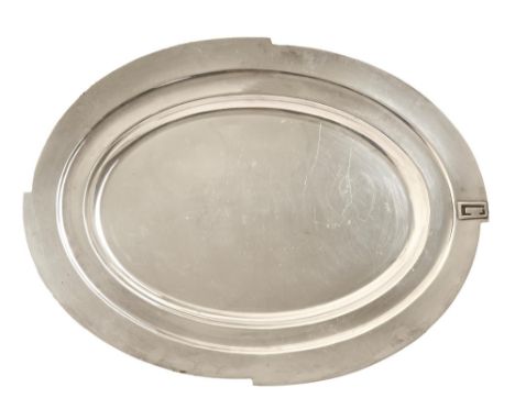 An Art Deco EPNS dish for Claridges Hotel London, 1930s, 61.5cm l, by Mappin &amp; Webb Ltd, maker's mark and CLARIDGES  Ligh