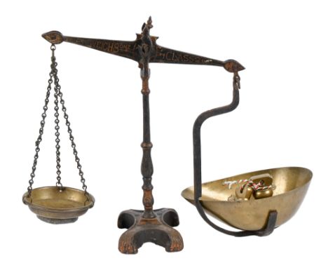 A Victorian painted iron shopkeeper's beam scale, of unusually small size, inscribed J Hall &amp; Son Birmingham, brass pans,