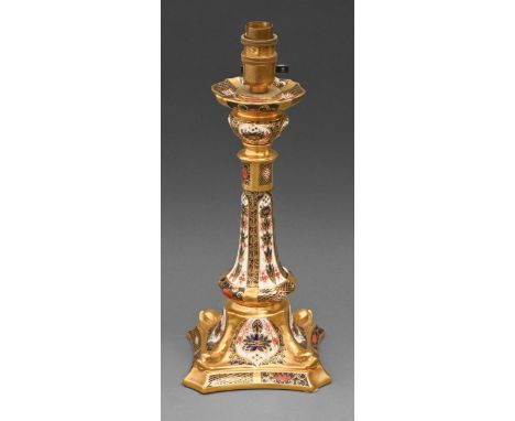 A Royal Crown Derby Imari pattern dolphin candlestick lamp, late 20th c, 26.5cm h excluding fitment, printed mark  Not cracke