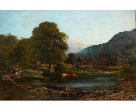 John Joseph Hughes (1827-1908) - Cattle Watering, signed and indistinctly dated, fragmentary manuscript label to verso, oil o