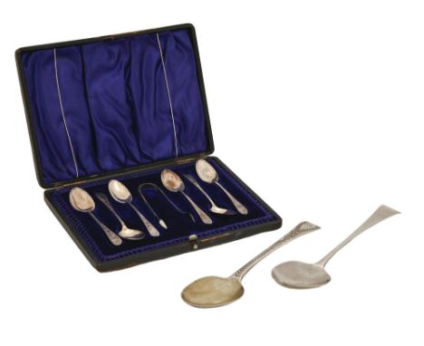 A set of six Victorian silver coffee spoons and pair of sugar tongs, by Harrison Brothers &amp; Howson, Sheffield 1893, cased