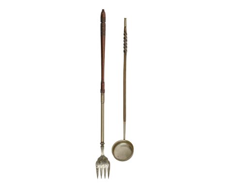 An EPNS punch ladle with twisted baleen handle, c1900 and a late Victorian engraved EPNS toasting fork with finely turned mah