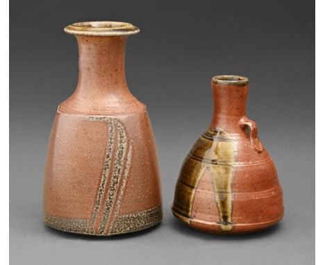 Studio pottery. John Jelfs (1946 - ) - Mallet shaped vase; Handled flask,&nbsp;two, thrown stoneware, glazed, 19 and 25cm h, 