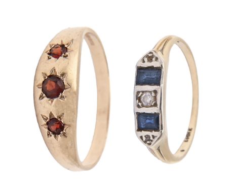 A garnet ring, gypsy set in 9ct gold, London 1988, 1.9g and a sapphire and diamond ring, in gold marked 585, 1.6g, size O, U 