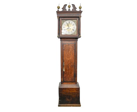 A Victorian oak thirty hour longcase clock,&nbsp;with brass and silvered dial inscribed J N Lookman Bicken Hill, flanked by t