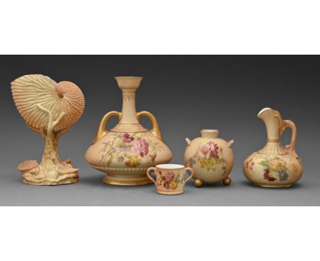 A Royal Worcester vase, 1911, printed and painted with wildflowers on a shaded apricot ground, 16cm h, green printed mark and