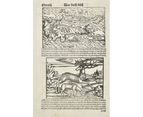 Cyprus. Munster (Sebastian), Cyprus, Basel, circa 1550, uncoloured woodblock map with a panel below the map showing a leaping