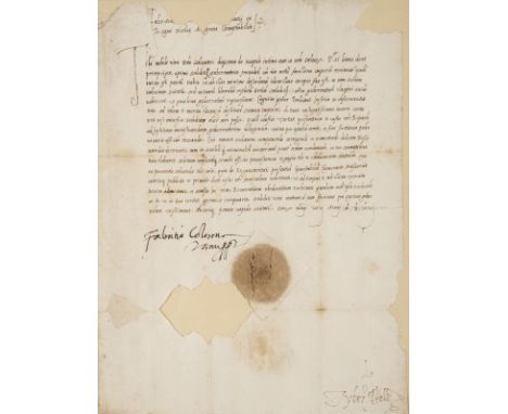 * Colonna (Fabrizio, 1450-1520). Letter signed, 'Fabritio Colonna/Manu pp.', Naples, 16 May 1517, issued as Constable to an u