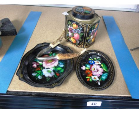 2 METAL FLOWER TRAYS,TIN TEA CADDY AND HORN HANDLE NUTCRACKER