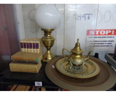 BOOKS AND BRASS INCLUDING OIL LAMP