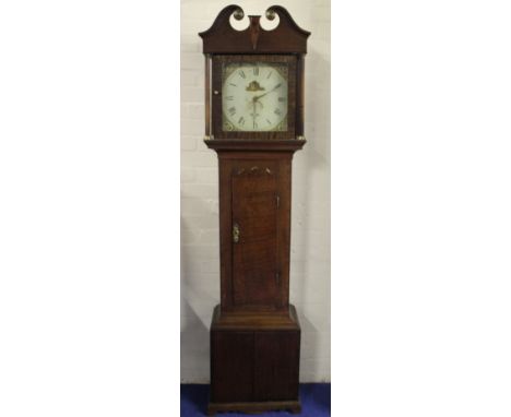 Thirty hour long case clock indistinctly signed painted 12" dial 'Woburn' in a crossbanded oak case, c.1800. 