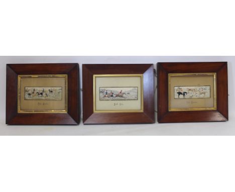 Three 19th century woven silk Stevengraphs depicting hunting scenes, "The Meet", "Full Cry" and "The Death", each 5cm x 15cm,