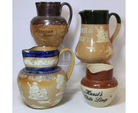Doulton Lambeth stoneware 'Chrystal Bell & Co, Glasgow, Three Bells Whisky' water jug, with applied hunting, tavern and other