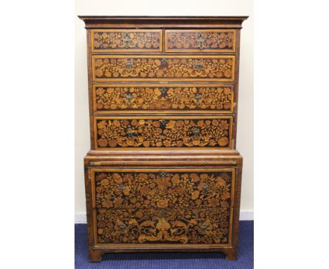 Late 17th century walnut and marquetry chest on chest in the William and Mary style, the front with all over floral and insec