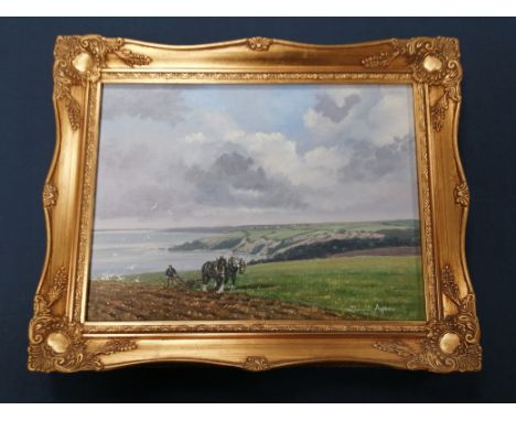 DONALD AYRES (b. 1936 BRITISH)Horses Ploughing a cliff top field.Oil on canvas.29cm x 39.5cm.Signed. West Gate Fine Art, Cant