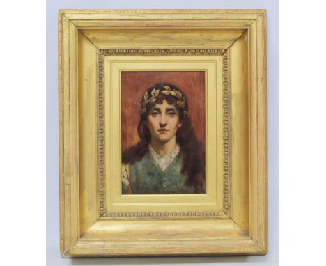 19TH CENTURY SCHOOL, POSSIBLY ITALIAN.An aesthetic maiden.Oil on panel.20cm x 14cm.Indistinctly inscribed and dated (18)72 wi