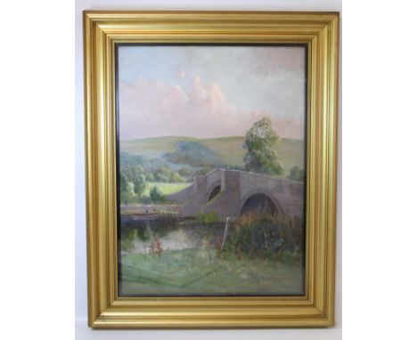 H. L. ROBINSON (BRITISH, EXH. 1905-30).A Berwickshire river with bridge.Oil on panel. Framed under glass.40cm x 30cm. Signed.