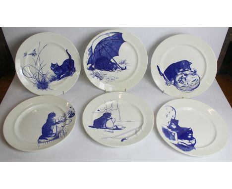 Six National Trust Poole Pottery blue and white plates, replicas of the Cat Plates in the servants hall at Kingston Lacy, Dor