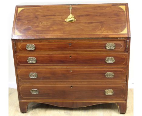 19th century inlaid mahogany bureau, the fallfront enclosing fitted interior, marquetry spandrels, shaped apron and bracket f