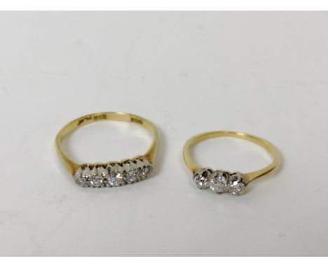 Diamond five stone ring and another three stone ring, '18ct and 18ct plat'. Sizes 'R' and 'K'. (2). 