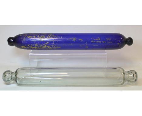 19th century blue glass rolling pin frigger with worn painted gilt maritime decoration and verse, 43cm long and another of pl