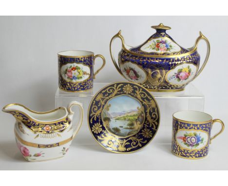 Late 18th/early 19th century Spode twin handled oval sucrier and two matching coffee cans, pattern no. 1709, the cobalt blue 