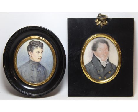 Early 19th century miniature portrait of a gentleman, watercolour on ivory, 7cm x 5.5cm (oval) in ebonised rectangular frame 