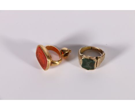 Early 19th century gold seal with initialled cornelian and a bloodstone signet ring, crested. (2).Condition report:Ring size 