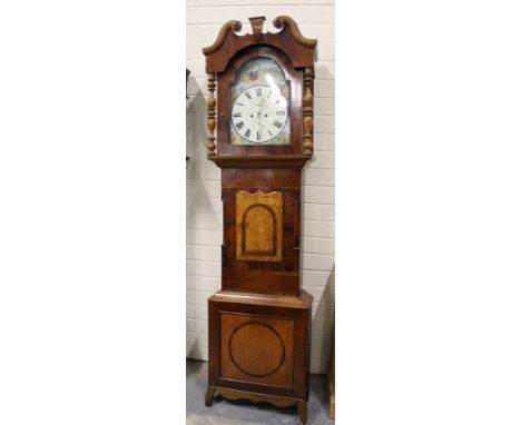 Eight day long case clock by Purdy,  Brampton, re painted 14" arch dial, in oak case with a crossbanded arch and circle. 