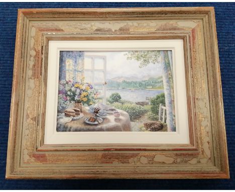 STEPHEN J. DARBISHIRE (b. 1940 BRITISH)Afternoon Tea, Summer flowers.Oil on panel.15cm x 21.5cm.Signed, inscribed with title 