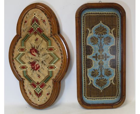 Victorian beadwork table centrepiece, with stylised foliate decoration in turquoise, creams and browns, in rounded rectangula