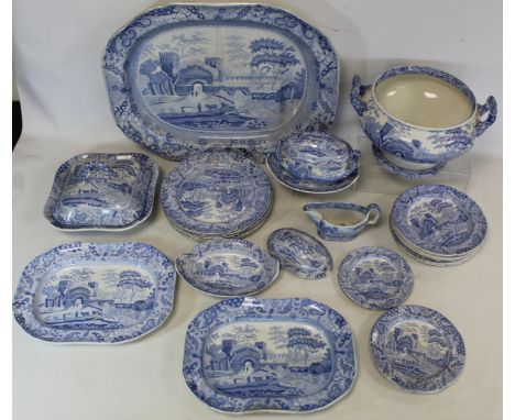 Quantity (30 pieces) of Spode blue and white "Castle" pattern dinner wares, comprising: large circular tureen; large ashet wi