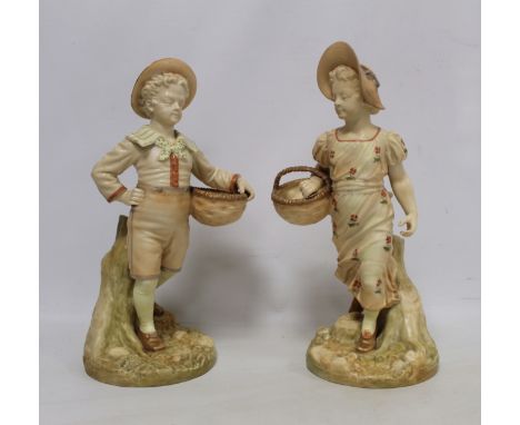 Pair of Royal Worcester porcelain figures of a boy and girl, pattern no. 1388, each carrying a basket and decorated in cream,