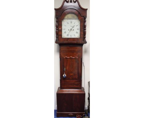 Eight day long case clock by William Tickle Newcastle the 13" painted dial with well detailed naval scene with man 'o' war on