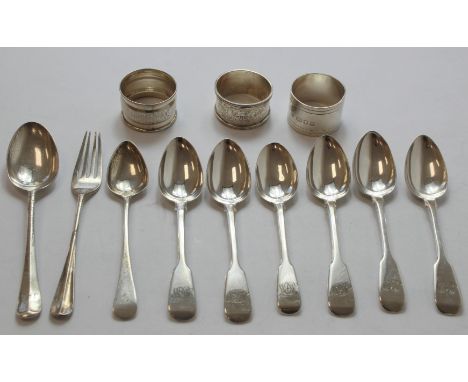 Silver tea spoon by John Ewen, Aberdeen c.1790, another six, fiddle pattern 1816 and 1821, a dessert spoon and fork and three