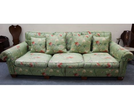 Large Duresta, 'Plantation Grand Split Sofa', in green floral linen, approximate dimensions: width 280cm, depth 125cm and hei