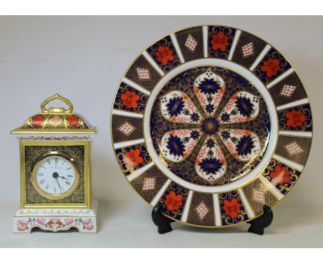 Modern Royal Crown Derby "Old Imari" pattern mantel clock with quartz movement, 18cm high; also Royal Crown Derby "Old Imari"