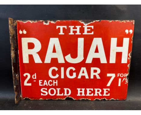 A double sided enamel sign with hanging flange advertising The Rajah Cigar, 15 x 11". 