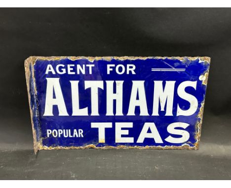 A double sided enamel sign with hanging flange advertising Althams Teas, 15 x 9".