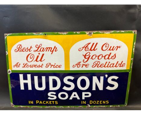 A Hudson's Soap 'Best Lamp Oil at lowest price' enamel sign with excellent gloss, rarely seen in this condition, 24 x 15".