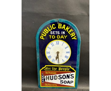 A Hudson's Soap, Public Bakery enamel clock with searchlight motif, by Patent Enamel, some older professional restoration, 10