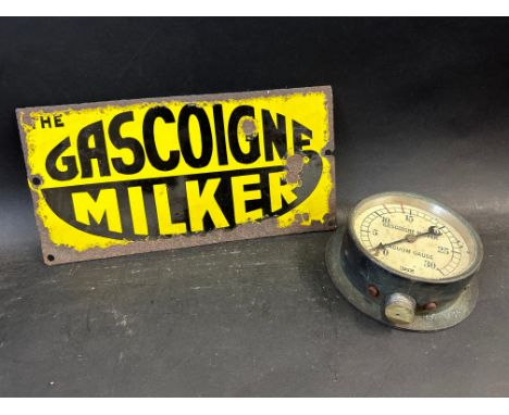 A Gascoigne Milker enamel sign, 10 1/2 x 5 1/4" plus a Gascoige Vacuum Gauge.