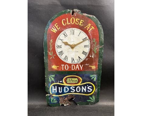 A Hudson's Soap enamel clock by Patent Enamel, the unusual version with clover leaf design, heavy older restoration, 10 1/2 x