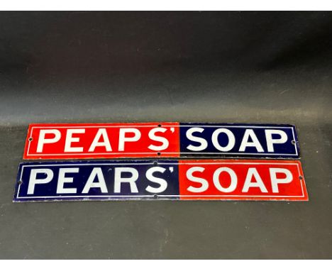 Two Pears' Soap enamel advertising strips, both restored, each 18 1/2 x 2 3/4".