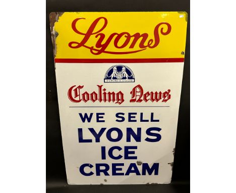 A Lyons Cooling News 'Lyons Ice Cream' rectangular enamel sign in excellent condition with good gloss, 23 x 35".