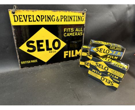 A rectangular double sided enamel sign advertising Selo camera film, with hanging chain, 13 x 10" plus five original Selo fil